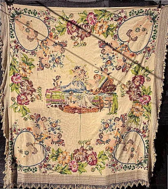 Antique Italian Pictorial Bedspread Coverlet Copriletto Cherubs Romantic Silk