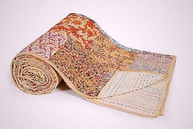 Boho Patchwork Silk Patola Kantha Quilt Double Handmade Bedspread Throw Blanket