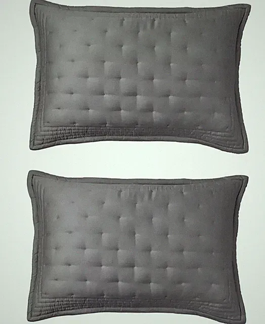 DONNA KARAN Set of 2 Essential Silk Quilt PILLOW SHAMS Standard Queen Charcoal
