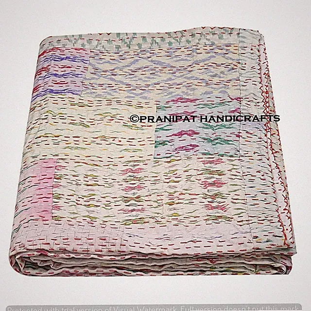 Indien Handmade Silk Patchwork White Kantha Quilt Queen Size Vintage Coverlet