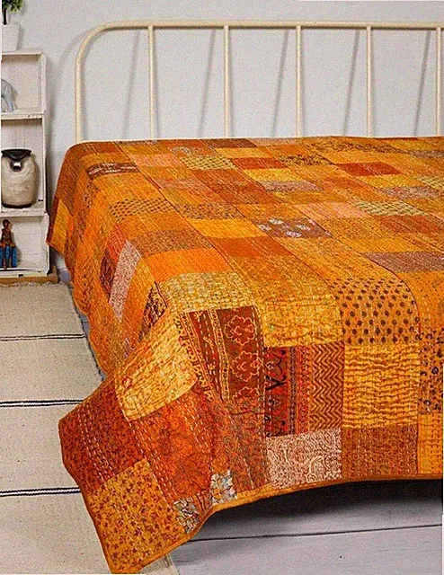 Kantha Silk Throw Blanket Indian Quilt Bohemian Patola Bedspread Large Bedding