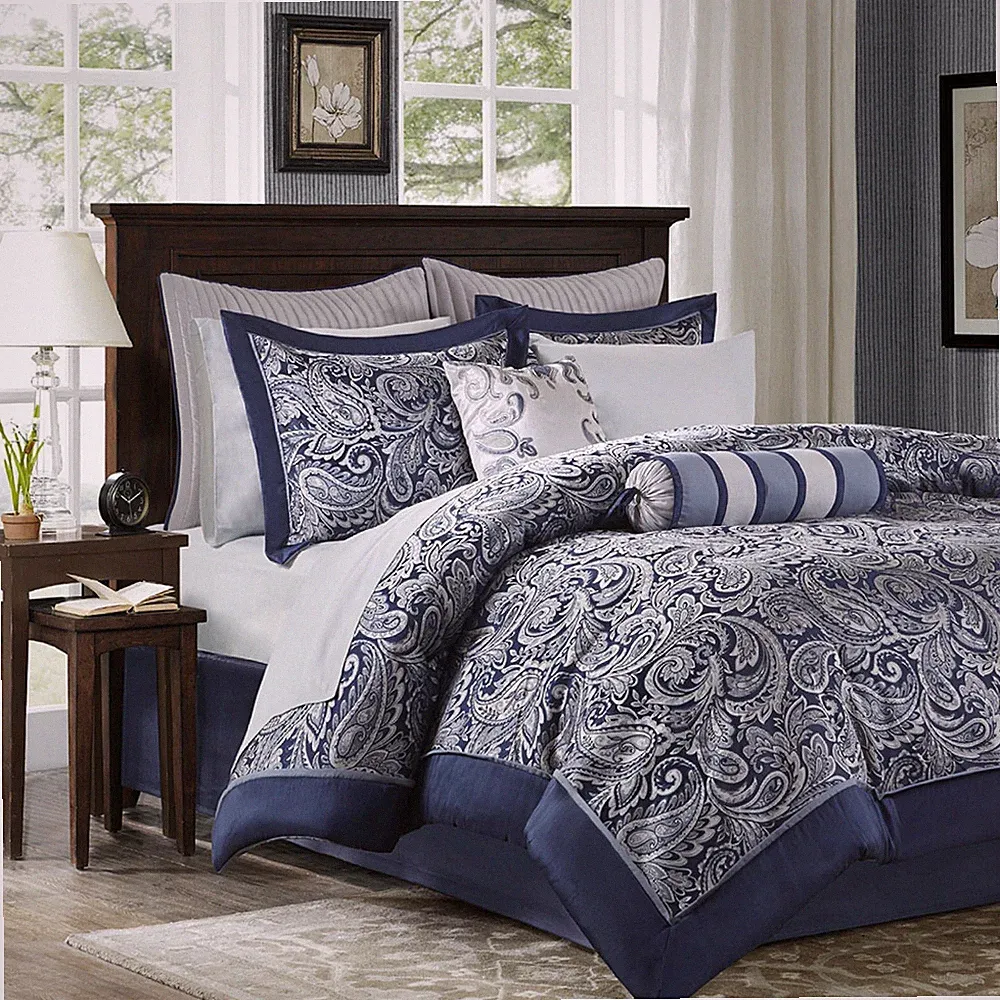 Madison Park 12-Pcs Faux Silk Jacquard Paisley Comforter Set-All Season Bedding