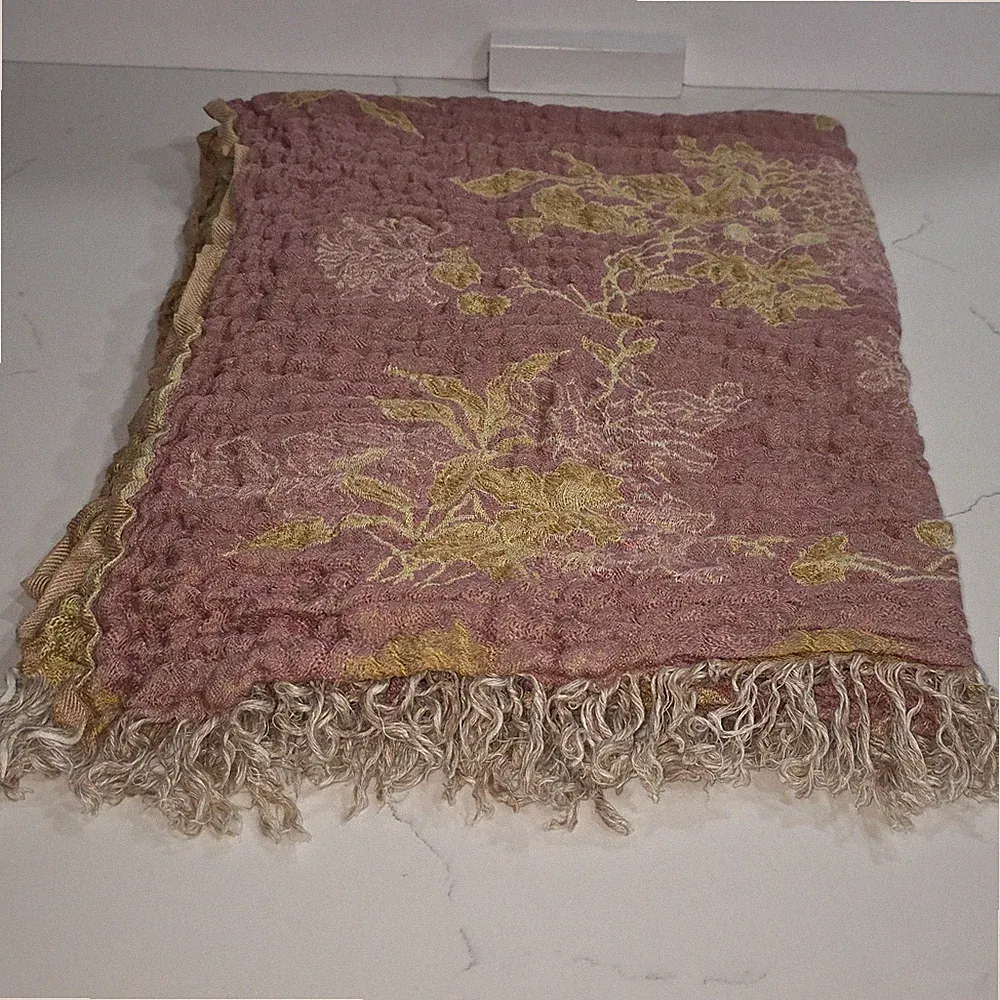Moksha Linen Silk Floral Throw Blanket Pink Yellow Fringed 24 x 71 in