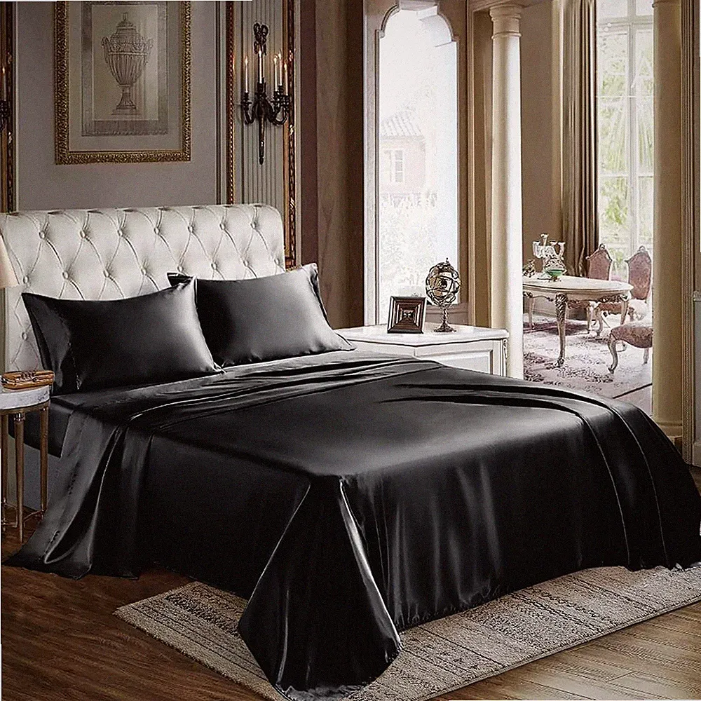 Silk Bed Sheets California King Size - 4-Piece Black Bed Sheet Set