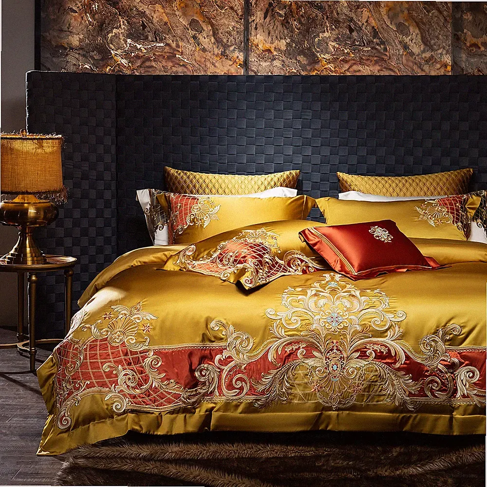Silk Cotton Bedding Set 4 Pcs Duvet Cover Flat Sheet 2 Pillowcases Embroidery