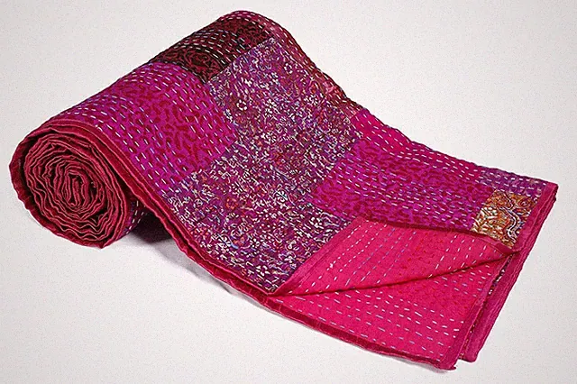 Silk Patola Patchwork Indian Handmade Queen Cotton Kantha Quilt Throw Bedspread