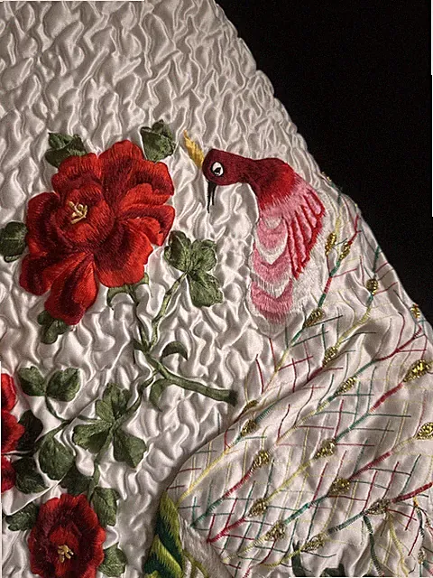 Vtg White Satin Full Bedspread Sham Set Quilted Embroidered Rose Peacock Korea